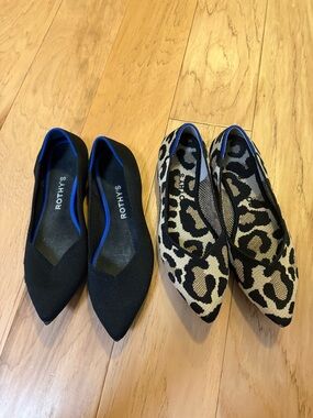 Two Rothy's Black Knit Pointed Flats & Leopard-Print Pair